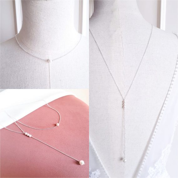 Iris - Collier de dos mariage minimaliste et moderne avec perles Swarovski