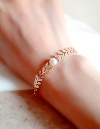 Laurie - bracelet feuilles de laurier plaqué Or 18K avec perles Swarovski pour mariage champêtre et bohème