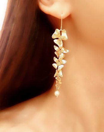Maya - Boucles d'oreilles fleurs orchidées plaqué Or 14K avec perles pour mariage champêtre chic